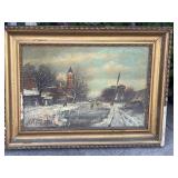 Antique 1800s windmill oil painting