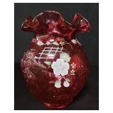 Signed Fenton hand painted glass vase