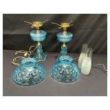 Pair of vintage blue glass hurricane lamps