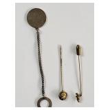 Sterling silver key fob, gold nugget lapel pin,