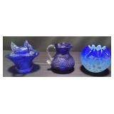Three vintage blue glass pitcher,  hand painted