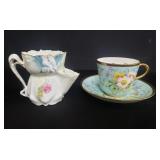 Pair of shaving mug mustache cups and tea saucer