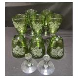 Group of handmade green wine glasses