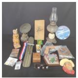 Box of miscellaneous oil lamps,  playing cards etc