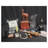 Box of miscellaneous, horse shoe, glass pitcher,