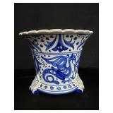 Blue and white ceramic Spanish planter