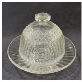 Round covered glass butter dish
