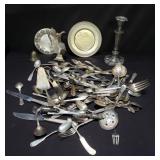 Group of silver plate items: flatware, trays,