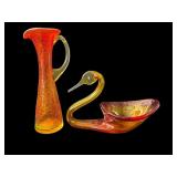 Pair of amber art glass pitcher & bowl