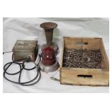 Group of railroad nails, vintage siren and a