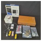 Box of miscellaneous gun case, multimeter etc