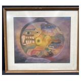 Vintage framed signed abstract pastel on paper