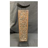 Carved wood pedestal with metal tray