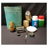 Box of miscellaneous thermal, music box, owl