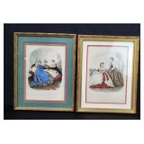 Pair of Victorian fashion engravings under glass