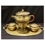 Vintage brass teapot with burner, cream, and sugar