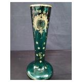 Bohemian hand painted emerald green glass vase