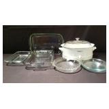 Box of glass baking dishes and Corningware