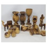 Group of carved wood figurines, salt, pepper