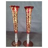 Pair of red flash glass bud vases with gilt