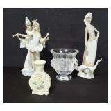 Lladro figures, Belleek vase, Lalique vase