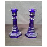 Pair of cobalt blue glass candlesticks