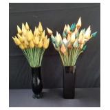 Pair of ceramic vases with fabric flowers