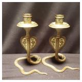 Pair of vintage brass cobra snake candlesticks