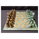 Aztec style chess board and pieces
