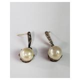Pair of 14k gold, pearl and diamond earrings
