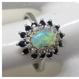 14k white gold ring with opal and semi-precious