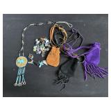 Lot of stone pouches with stones & Zuni necklace
