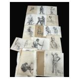 Lot of antique & vintage charcoal art