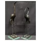 Pair of Bombay bronze cranes figurines with marble