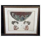 Framed pencil signed lithograph "Juego de Pelota"