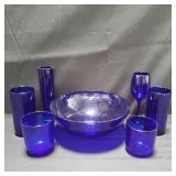 Group of cobalt blue glass bowl and cups