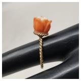 14k gold ring with carved pink angel coral flower