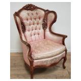 Vintage carved wood & tufted wingback parlor chair