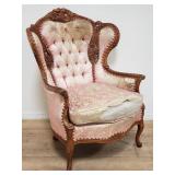 Vintage carved wood & tufted wingback parlor