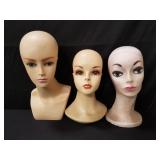 Group of mannequin heads: 2 plastic & 1 Styrofoam