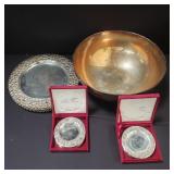 Group of silver plates, coasters, bowl