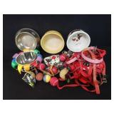 Box of miscellaneous dog bowls, dog balls, leashes