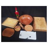 Group of wood cutting boards, wood salad bowl,