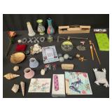 Group of vase, candle snufer, seashells,