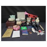 Box of misc vase, cups, trinket box, coin bank,