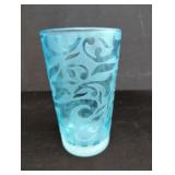 Signed Michael Weems blue etched glass