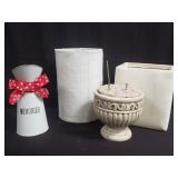 Group of waste basket, pitcher, vase
