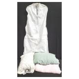 Box of pillows, pillow cases, blanket, clothing