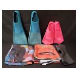 Group of swimming fins, knee brace and banner