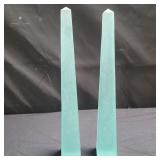 Pair of frosted green art glass obelisks